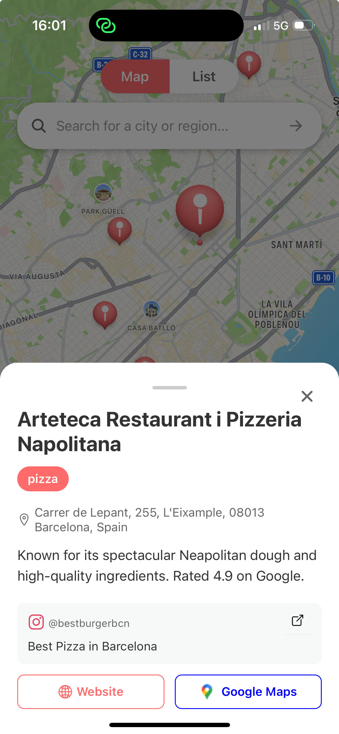 Restaurant location shown on a map in Instabites